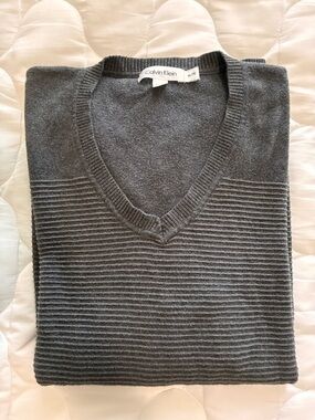 Calvin Klein Men's Ribbed V-Neck Cotton Sweater Gray Sz XL